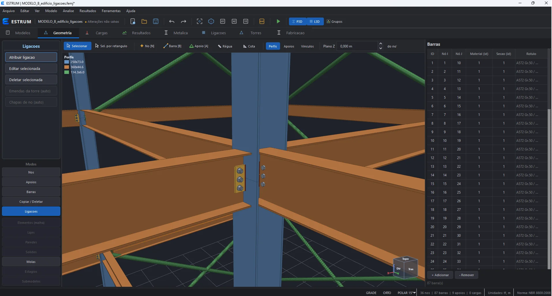 Ligação viga-pilar parafusada vista em 3D na aba Geometria, com chapas e parafusos sobre as faces reais dos perfis.