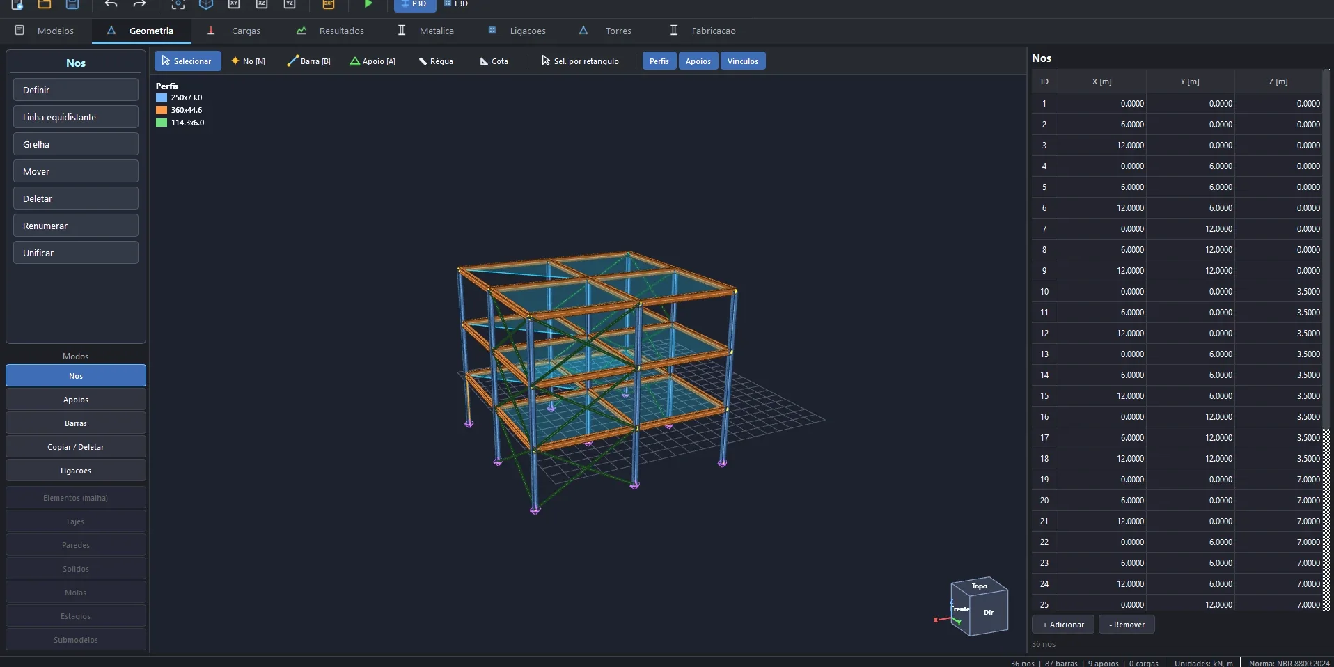 Edifício metálico de três pavimentos modelado em 3D, com vigas e pilares coloridos por perfil.