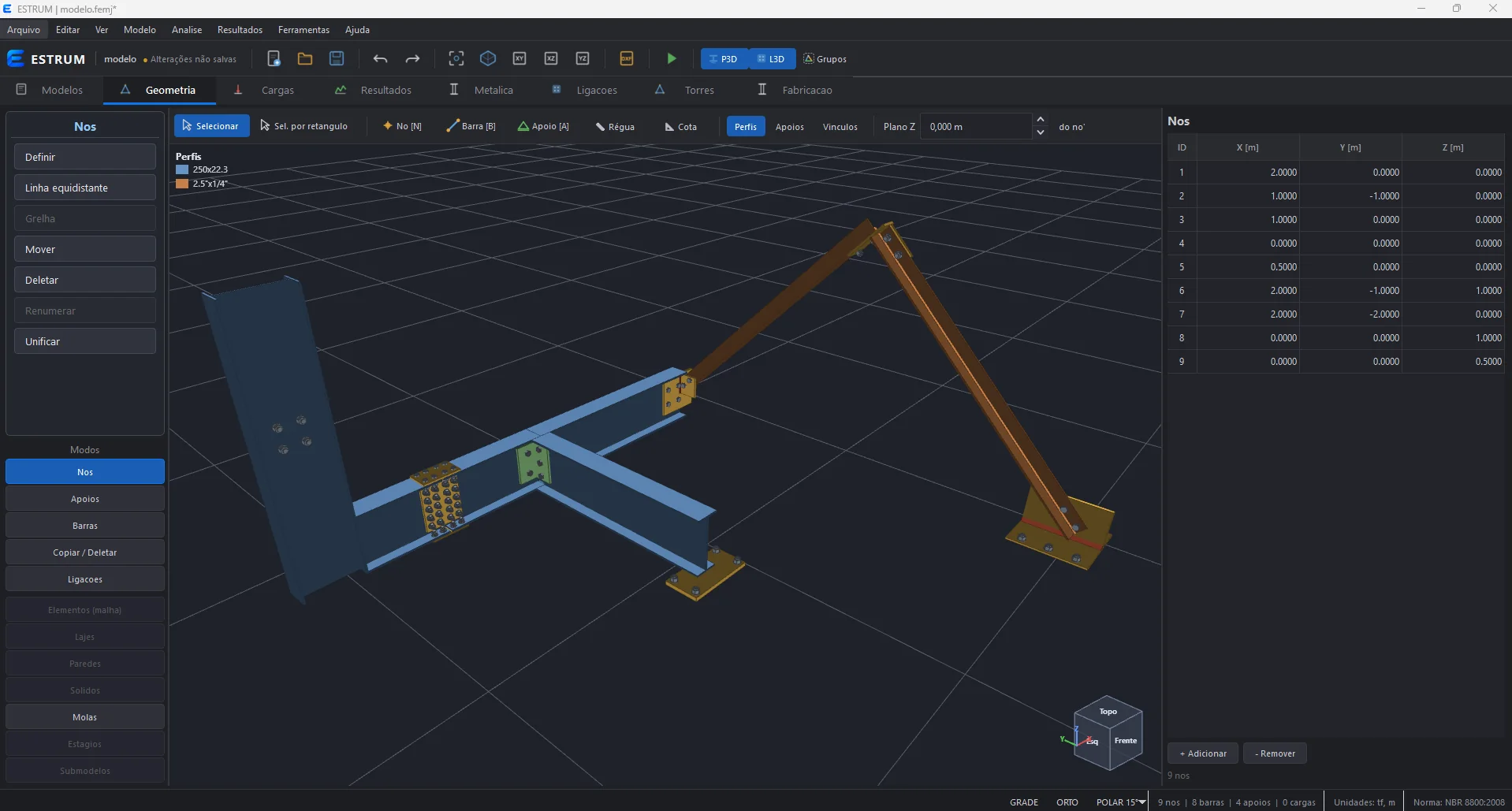 Aba Geometria do ESTRUM com perfis metálicos em 3D, chapas de ligação parafusadas e placas de base modeladas sobre as barras.